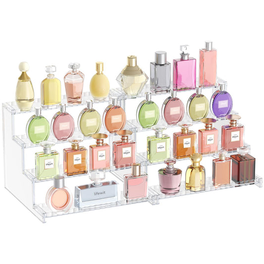 Lifewit 4 Tier Perfume Stand Organizer for Women, Plastic Display Riser, Tool-Free Assembly, Fragrance Makeup Cosmetics Shelf for Vanity Bedroom Bathroom Storage Organization, Clear, 12 Inch 1 Pcs