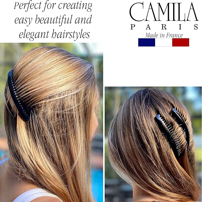 Camila Paris French Side Combs Large 2 Colors Each Curved French Twist Hair Combs Decorative, Strong Hold Hair Clips for Women Bun Chignon Up-Do, No Slip Styling Girls Hair Accessories, Made in France
