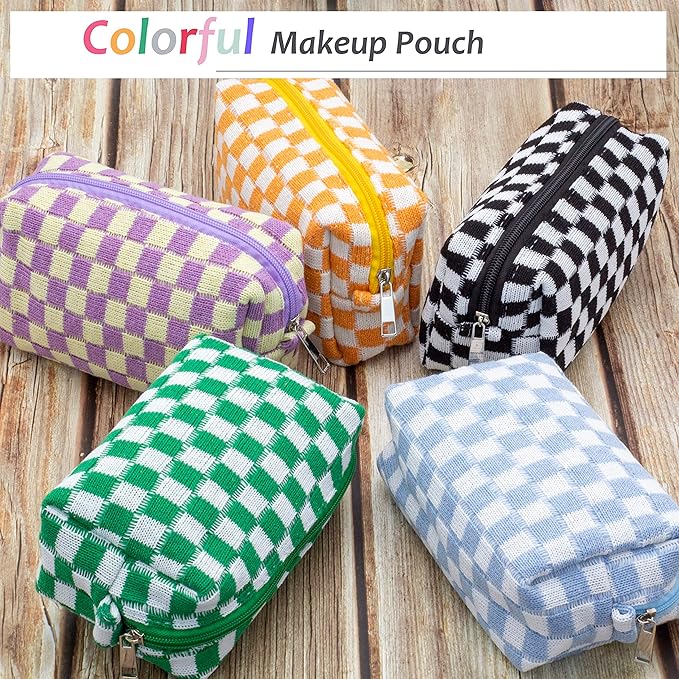 PAZIMIIK Checkered Makeup Bag for Purse Portable Zipper Make Up Pouch Small Cosmetic Case for Travel Accessories (Blue)