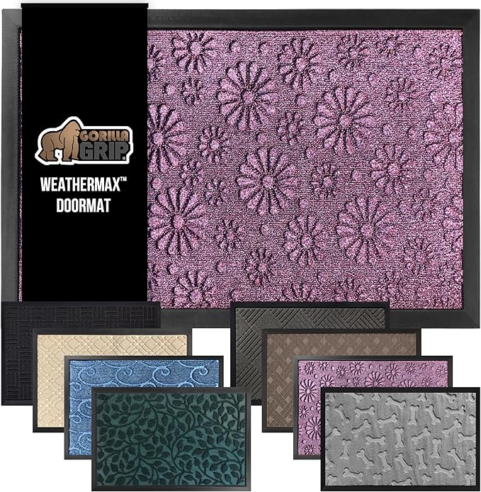 GORILLA GRIP 100% Waterproof All-Season WeatherMAX Doormat, Durable Natural Rubber, Stain and Fade Resistant, Low Profile, Indoor Outdoor Door Mats, Easy Clean Entry Mat, 17x29, Purple Confetti Daisy
