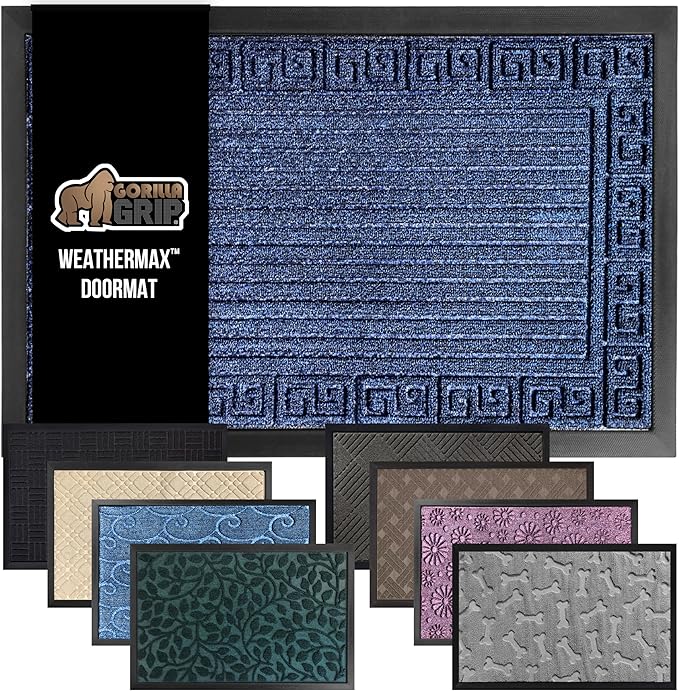 GORILLA GRIP 100% Waterproof All-Season WeatherMAX Doormat, 47x35, US Designed Natural Rubber, Stain and Fade Resistant, Low Profile Indoor Outdoor Door Mats, Easy Clean Patio Mat, Navy Greek Keys