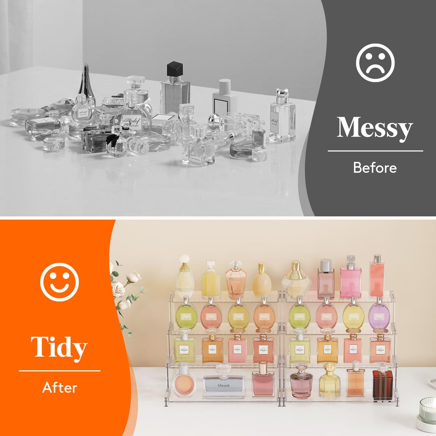 Lifewit 4 Tier Perfume Stand Organizer for Women, Plastic Display Riser, Tool-Free Assembly, Fragrance Makeup Cosmetics Shelf for Vanity Bedroom Bathroom Storage Organization, Clear, 12 Inch 1 Pcs